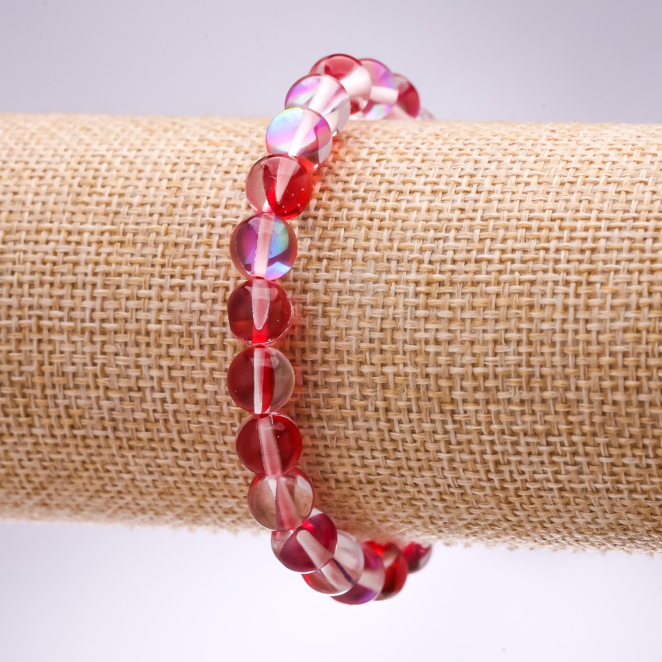 Brățară din sticlă opal roșie, bilă netedă, diametrul 8 mm, lungime 18 cm, pe elastic