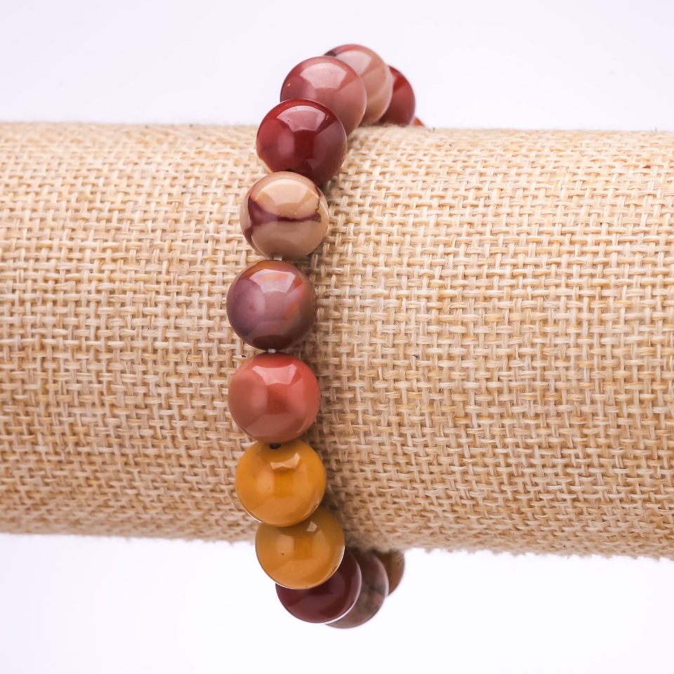 Brățară din piatră mookaite jasper, bile netede de 10 mm diametru, lungime 18 cm, pe elastic