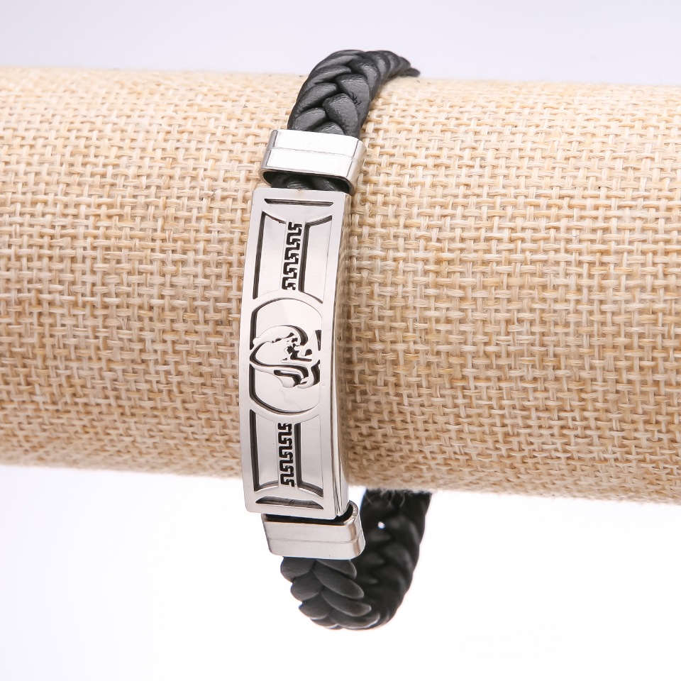 Brățară unisex cu ornament grec, din piele ecologică împletită, plăcuță din oțel, grosime 12 mm, lungime 20 cm