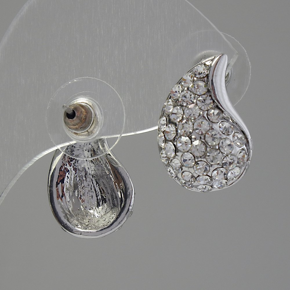 Cercei stud cu cristale albe, 12x18 mm, metal argintiu