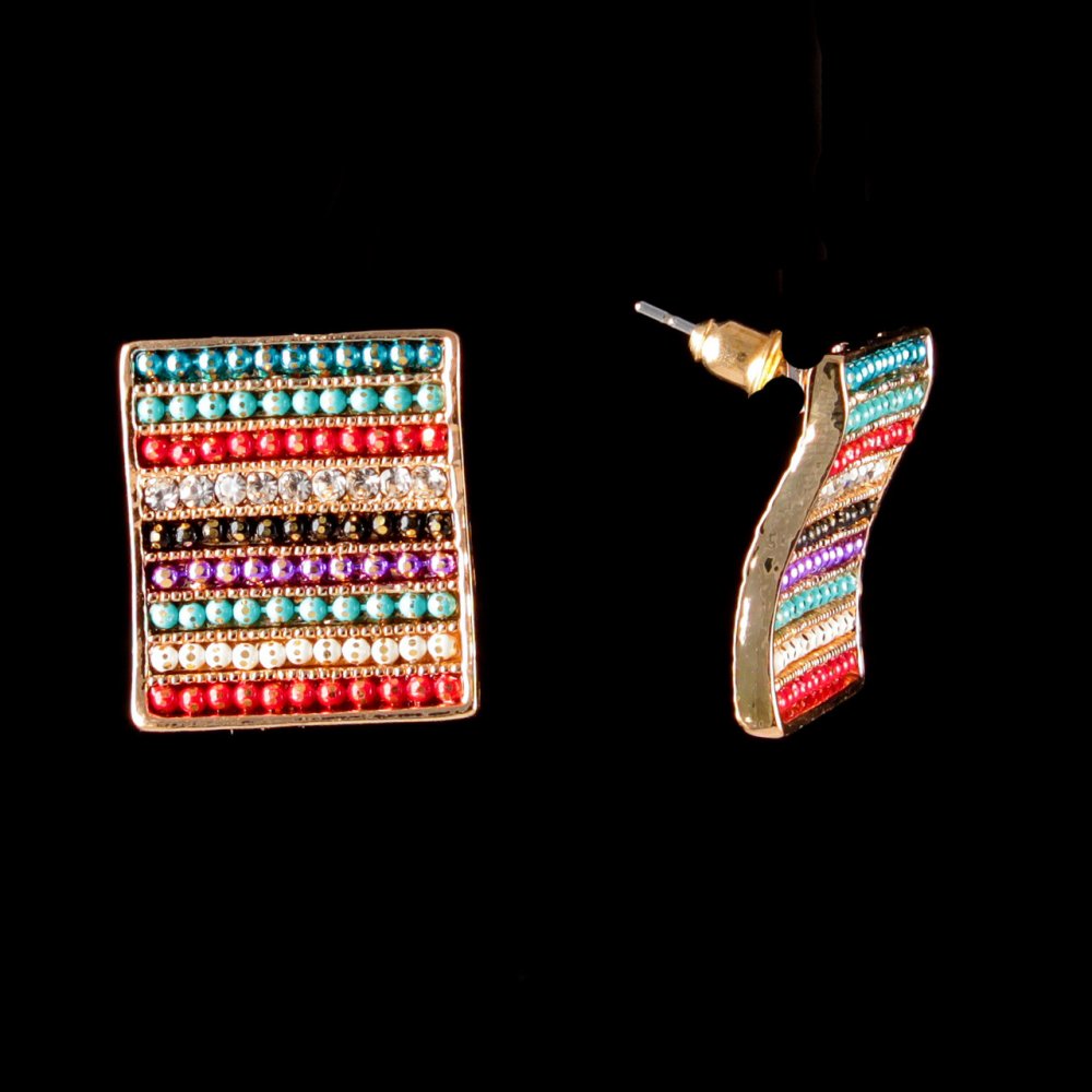 Cercei cu știft pătrați, cristale colorate, metal placat cu aur, 20 mm