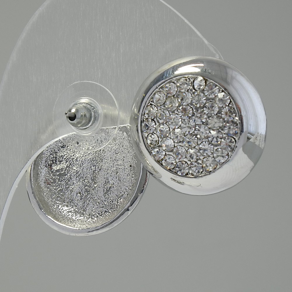 Cercei buton Col, cu pietre albe, metal placat cu argint, 2 cm