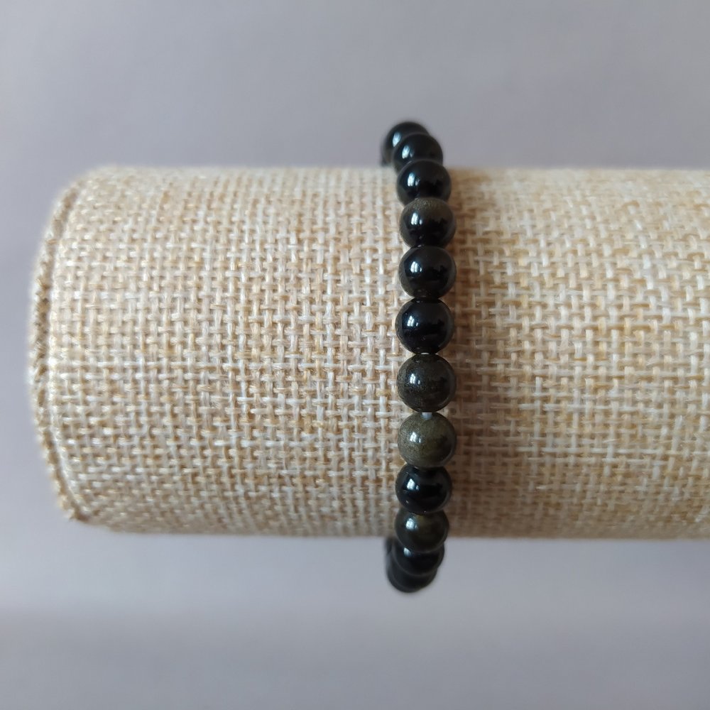 Brățară din piatră naturală, obsidian auriu, pe elastic, bile netede, diametrul de 6,5 mm, lungimea 18 cm