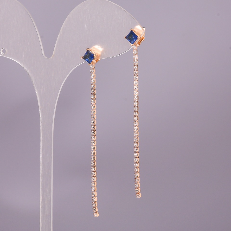 Cercei Xuping cu piatră albastră 6x65 mm, placare cu aur 18K