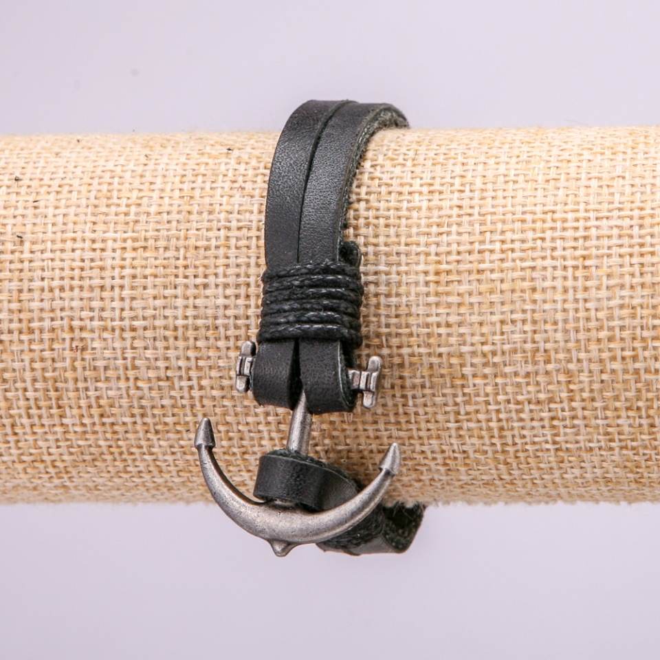 Brățară pentru bărbați Ancoră cu inserții metalice, lungime 21 cm, grosime 10 mm, piele ecologică, culoare neagră