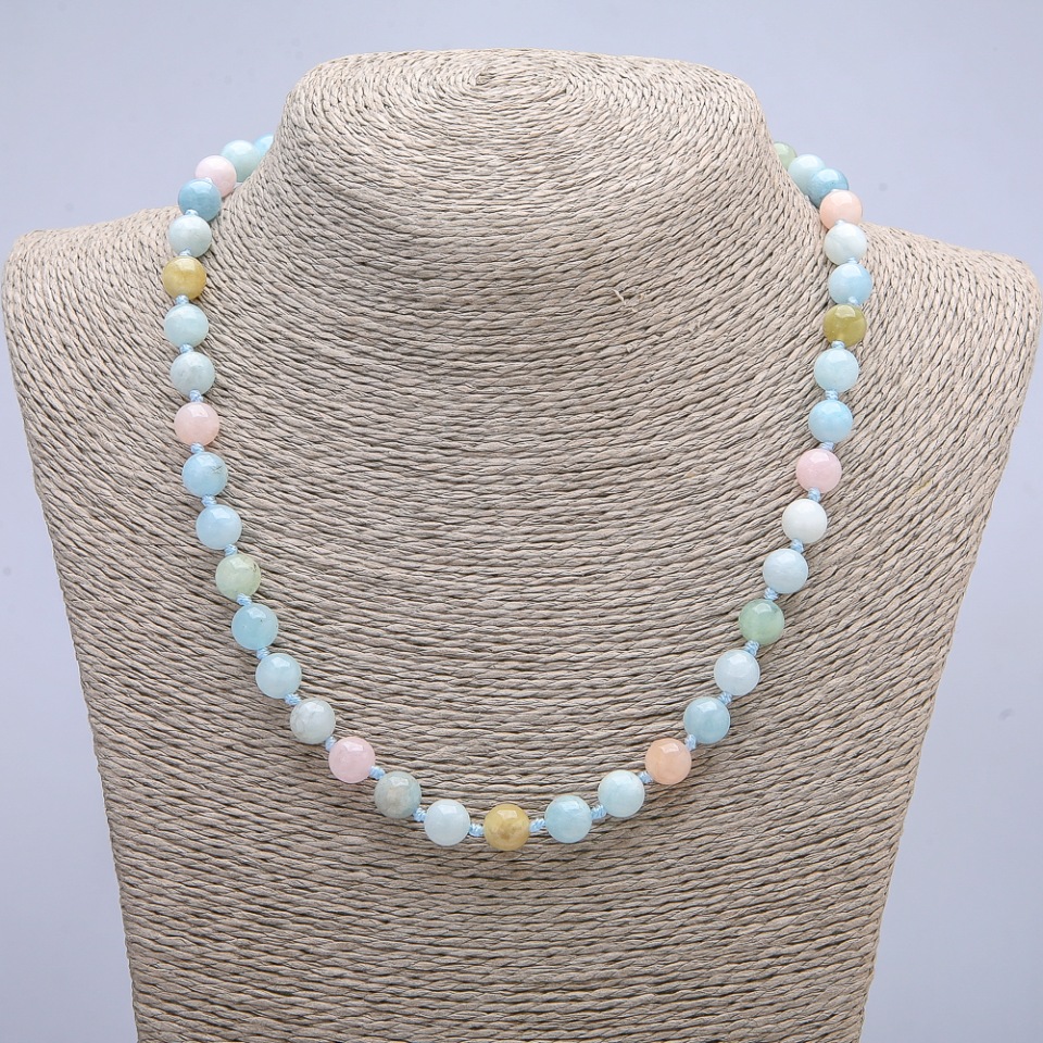 Colier din morganit natural, bilă netedă, diametrul 8 mm, lungime 45 cm +