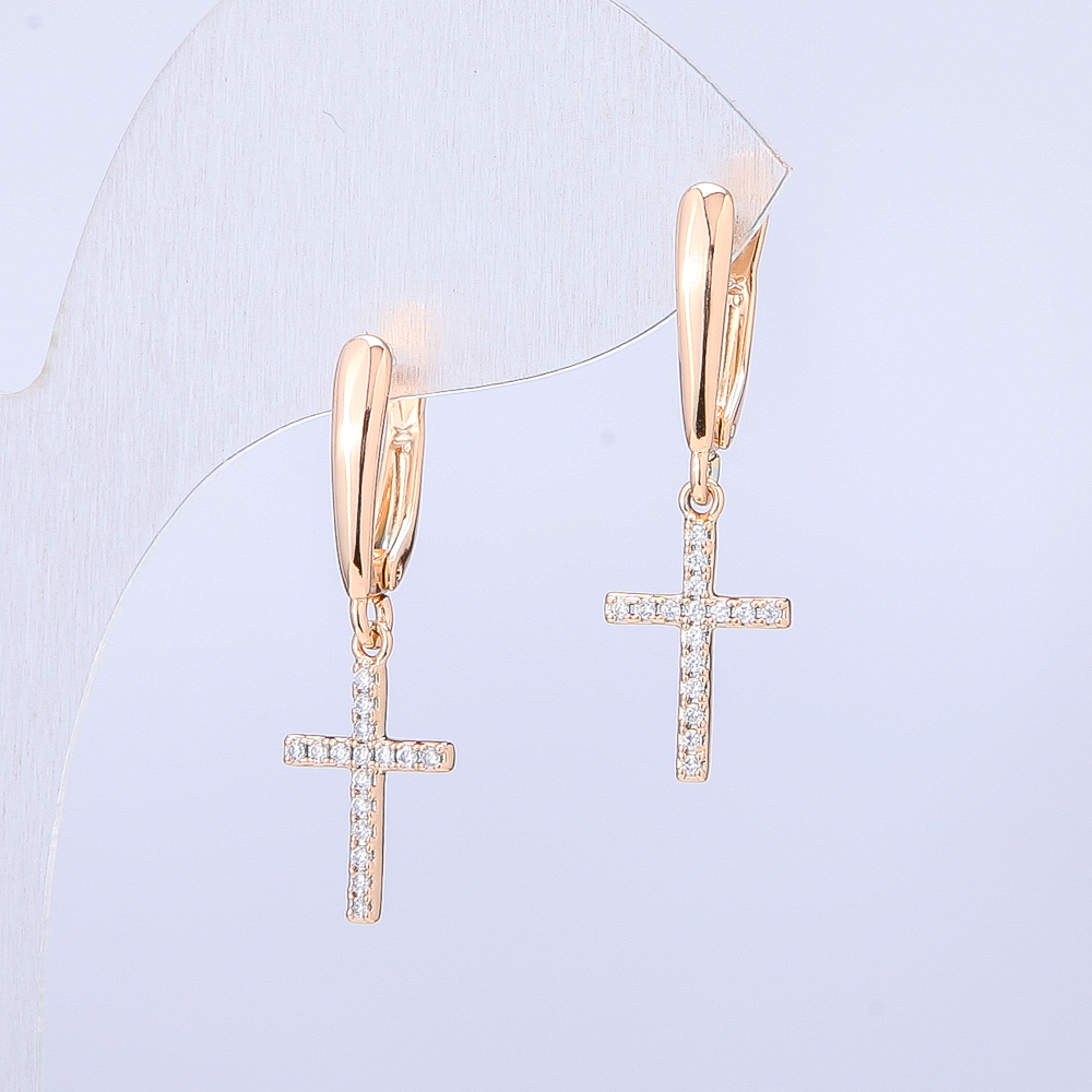 Cercei Xuping placare aur 18K «cruce cu cristale albe» 28x9 mm +