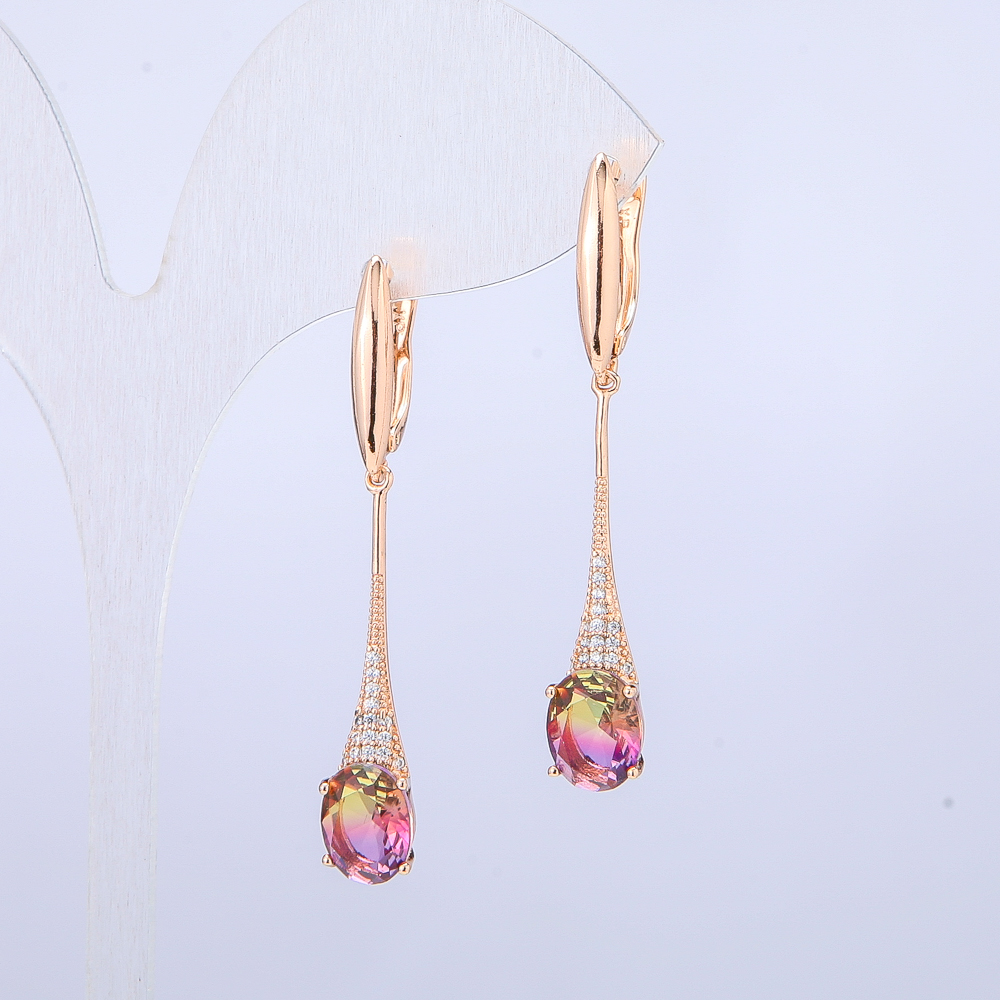 Cercei Xuping cu placare aur 18K, cu cristale verde salată și roșu zmeură Swarovski și strasuri albe, lungime 46 mm +