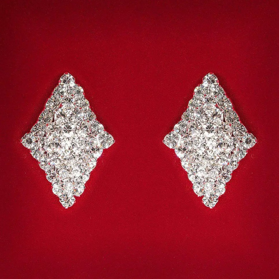 (25 mm) Cercei pentru femei, strasuri albe, metal deschis, pentru nuntă și seară, cercei cu știft, formă romb alungit