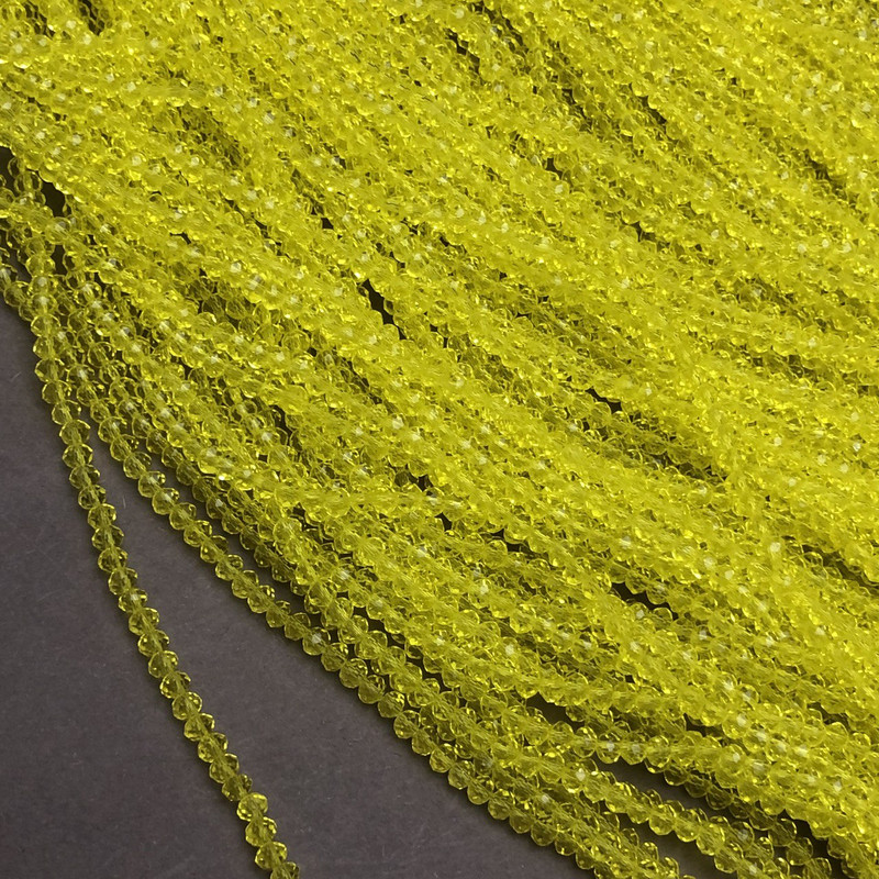 Mărgele din cristal ceh pe fir, galben transparent, facetate în formă de rondel, diametru 3,5x3 mm, lungime 36–38 cm