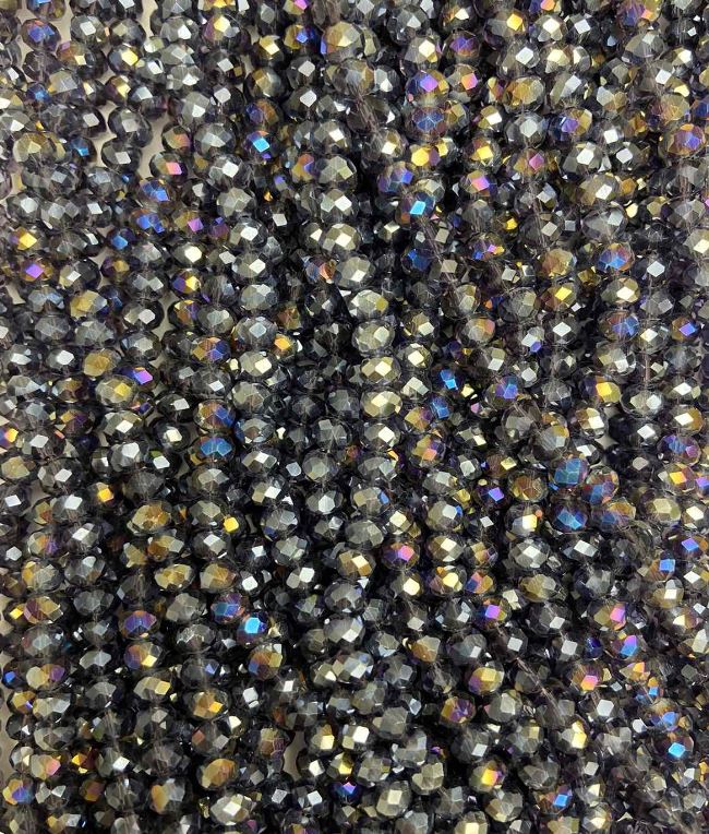 Mărgele din cristal ceh, pe sârmă gri cu luciu de benzină, rondelle facetate, diametrul 6x4,5 mm, lungime 38-40 cm +