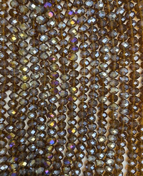 Mărgele din cristal ceh, pe fir, maro-transparent cu luciu de benzină, rondele tăiate, diametrul 8×6 mm, +/- lungime 38 cm +