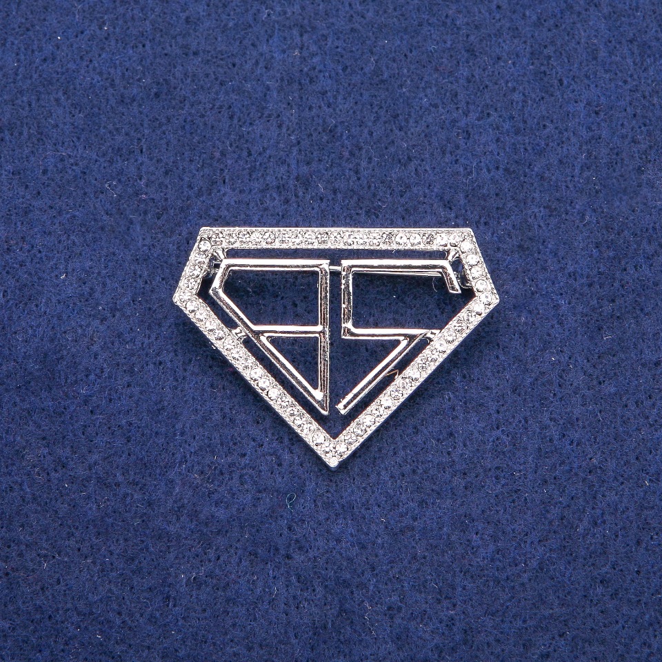 Broșă «Licență» cu strasuri albe, 30x40 mm, metal argintiu