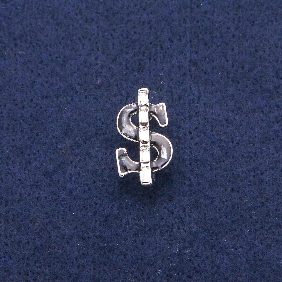 Broșă Dolar cu email negru și sidef haliozit, cristale albe, metal argintiu 12x21mm