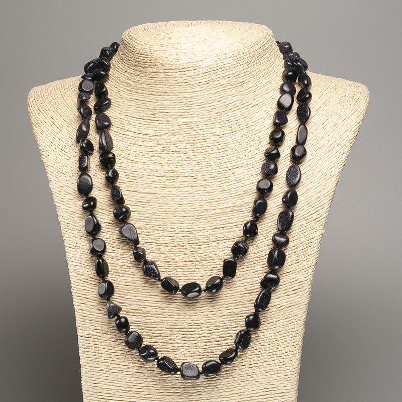 Colier lung din aventurin albastru nisip (synt.) fațetat, diametru 5×8–10 mm, lungime 110 cm