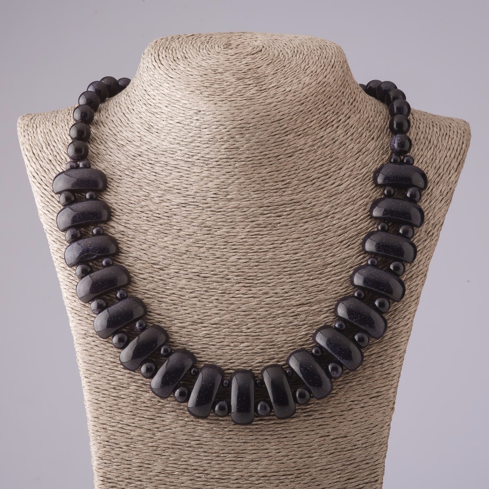 Colier Cleopatra din aventurin „Nisip albastru al nopții Cairo” verigi de 12×25 mm și mărgele de 10 mm, lungime 50 cm