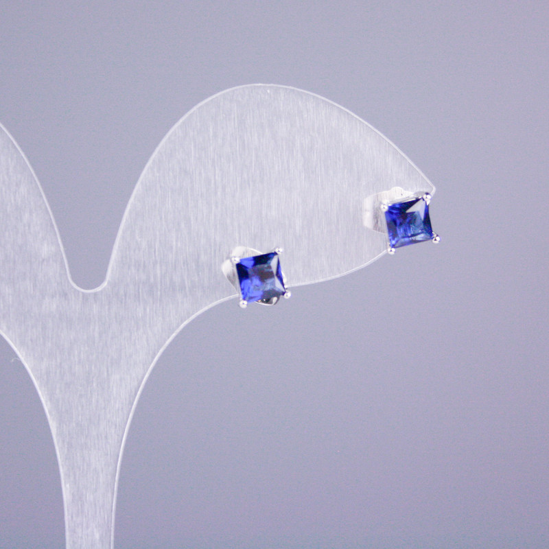 Cercei cu știft Xuping rhodiu cu pietre albastre 5x5 mm, formă pătrată, lungime 16 mm