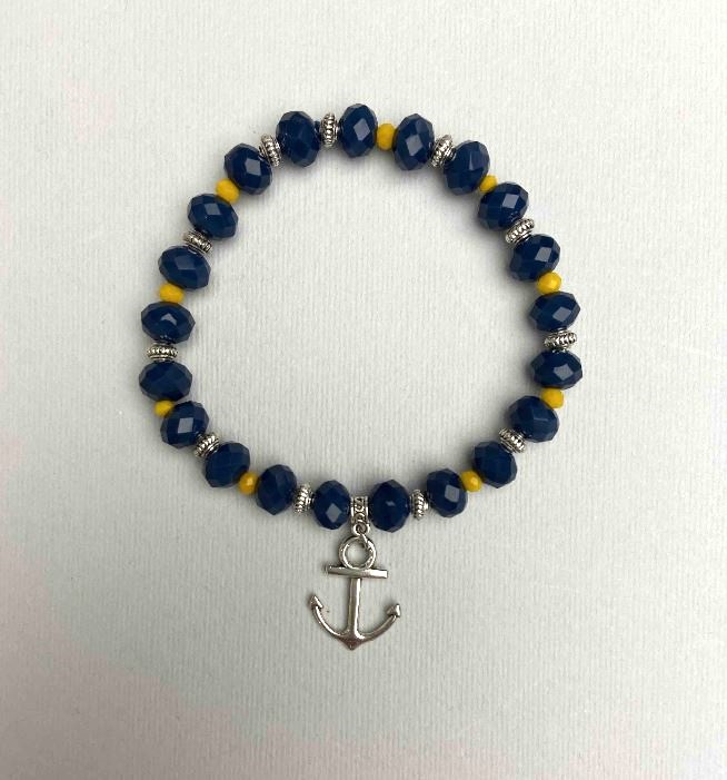 Brățară cu cristal ceh, albastru și galben, rondeli tăiați, diametrul 8x6 mm, 3,5x3 mm, lungime 18 cm (elastic) cu inserții metalice